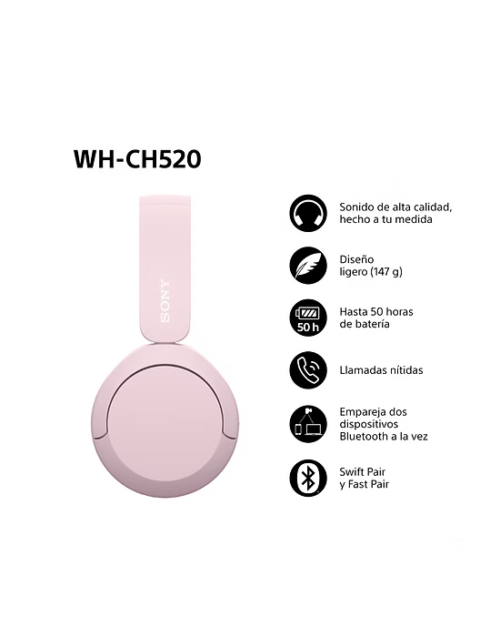 Sony WH-CH520 – Audífonos Bluetooth con hasta 50h de batería y sonido optimizado DSEE