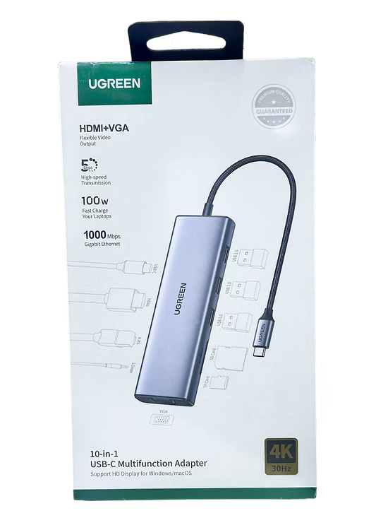 Adaptador UGREEN 10 en 1 USB-C | HDMI 4K, VGA, RJ45, SD/TF, 3 USB 3.0, Audio y Más