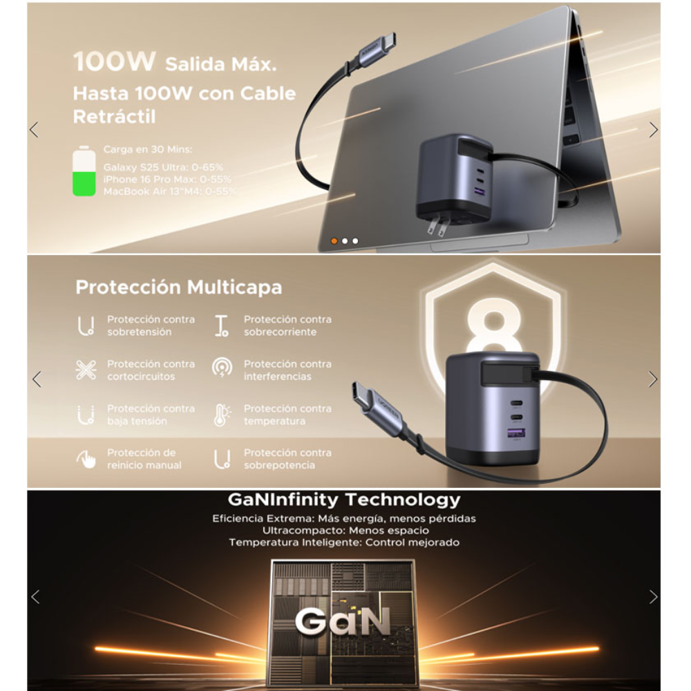 Cargador UGREEN 100W Nexode Pro GaN con Cable Retráctil USB-C