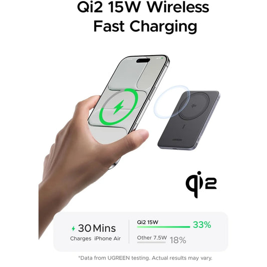 Cargador magnético portátil UGREEN MagFlow Air Qi2 5,000 mAh Negro