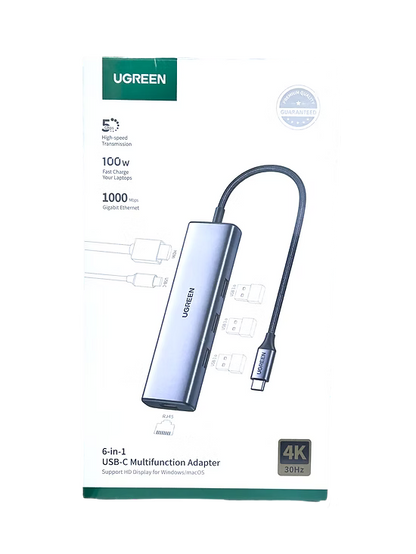 Adaptador UGREEN 6 en 1 USB-C | HDMI, RJ45, 3 USB 3.0, Carga 100W