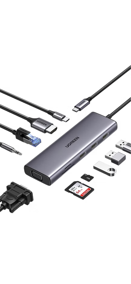 Adaptador UGREEN 10 en 1 USB-C | HDMI 4K, VGA, RJ45, SD/TF, 3 USB 3.0, Audio y Más
