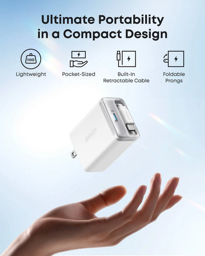 Cargador Anker Nano 35w con cable retráctil -  Blanco