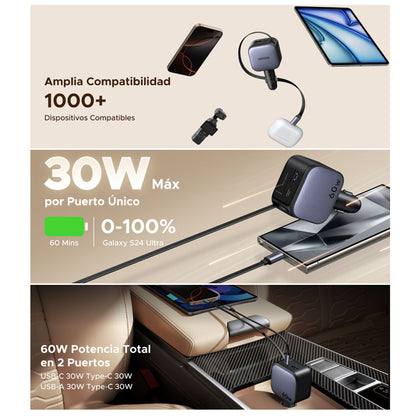 UGREEN Nexode Car Charger 60W con Cable Retráctil (EC602 55212B)