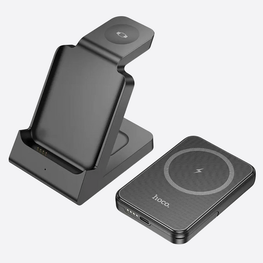 Hoco Estación de Carga 3 en 1 con Power Bank-Carga Inalámbrica y por Cable