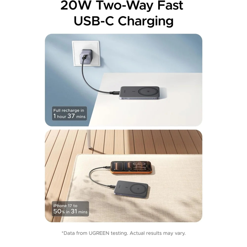 Cargador magnético portátil UGREEN MagFlow Air Qi2 5,000 mAh Negro
