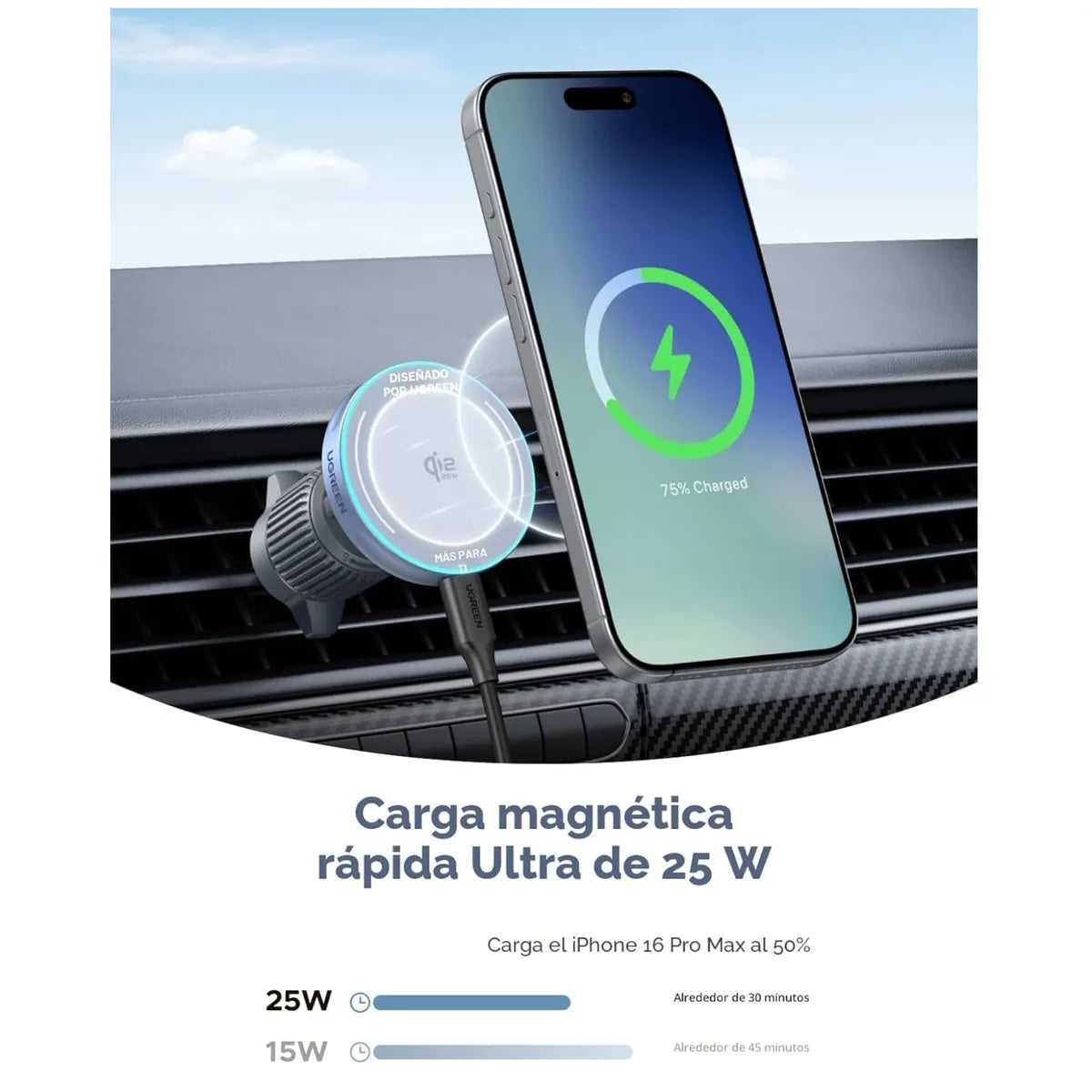 Cargador de Auto UGREEN Magflow inalámbrico Qi2 25w EC307 (45843)